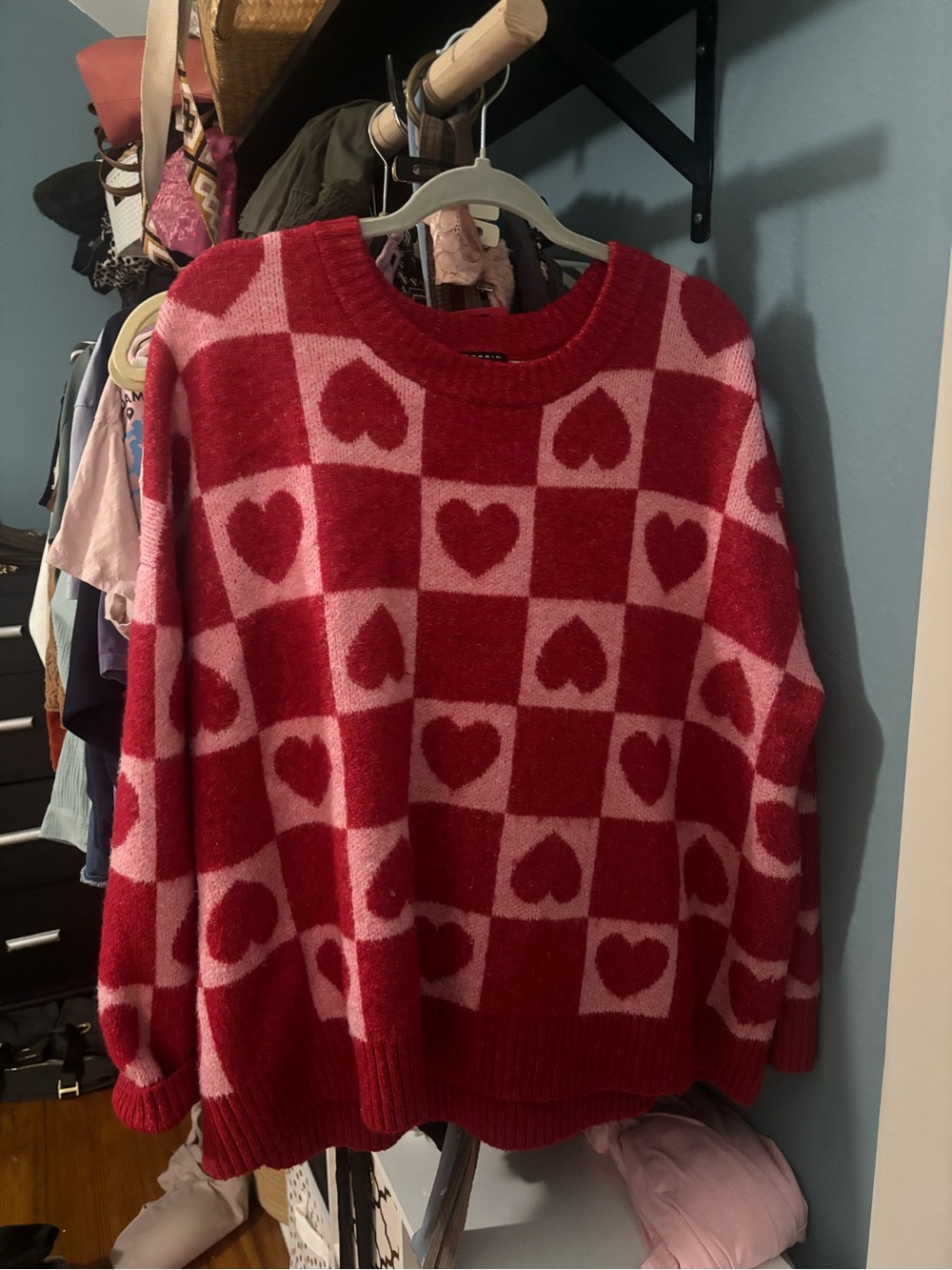 torrid Red and Pink Heart Checkerboard Crewneck Sweater